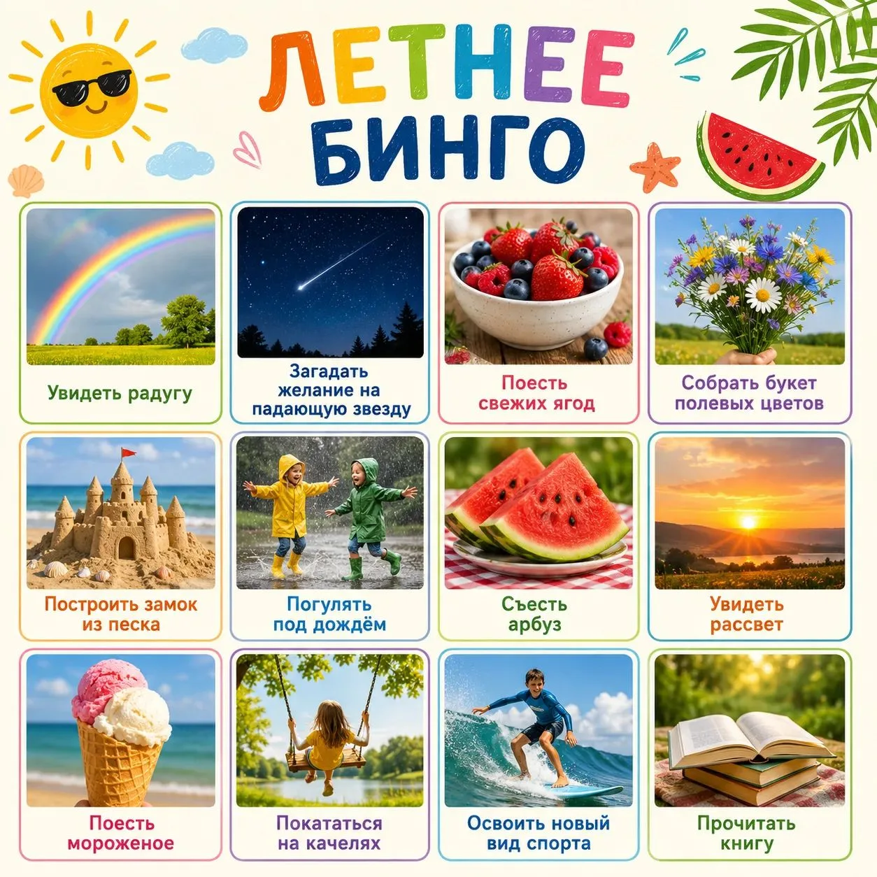 ☀️ Летнее бинго — ловим яркие моменты! ☀️

Лето — время приключений и новых открытий! Предлагаем уст