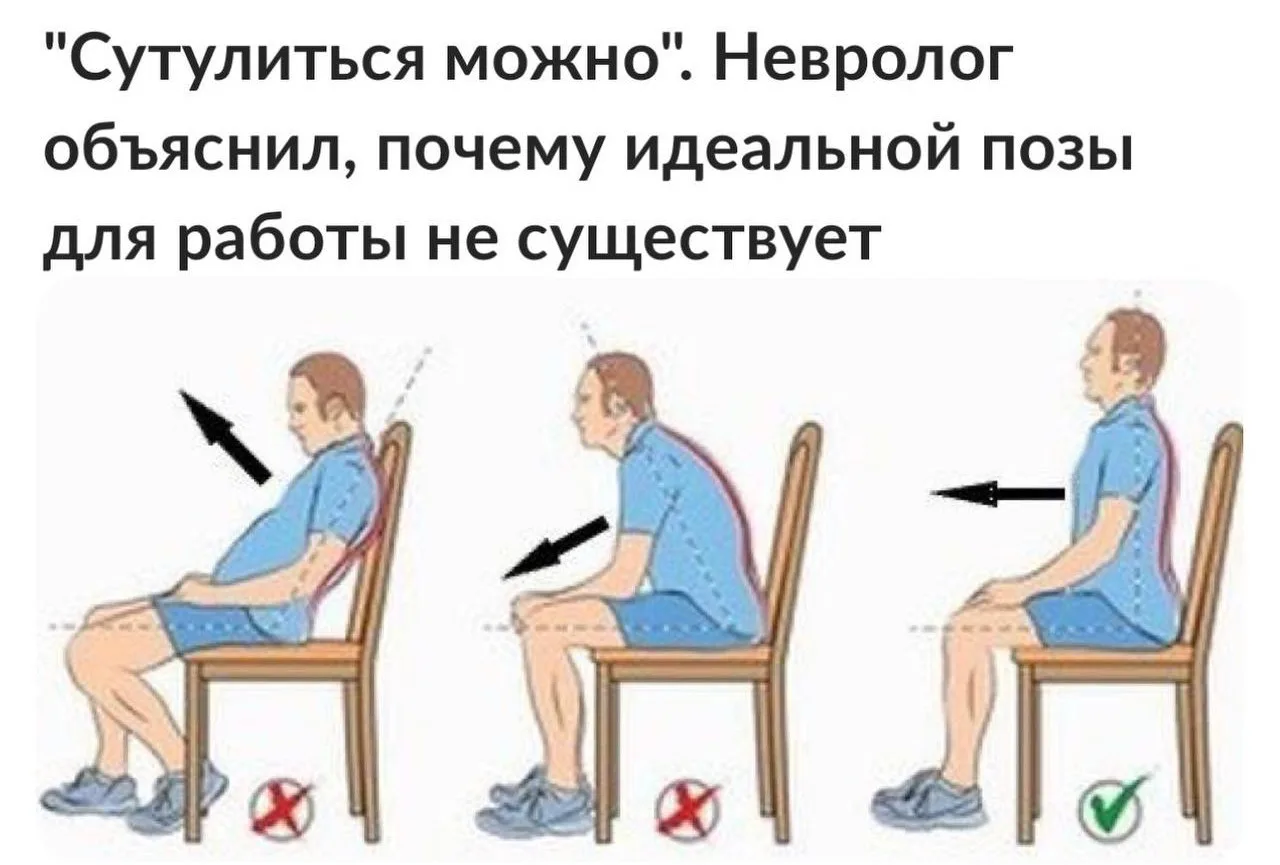 ⚡️«Сутулиться можно»: Эксперты считают, что сидеть с прямой осанкой постоянно нельзя.