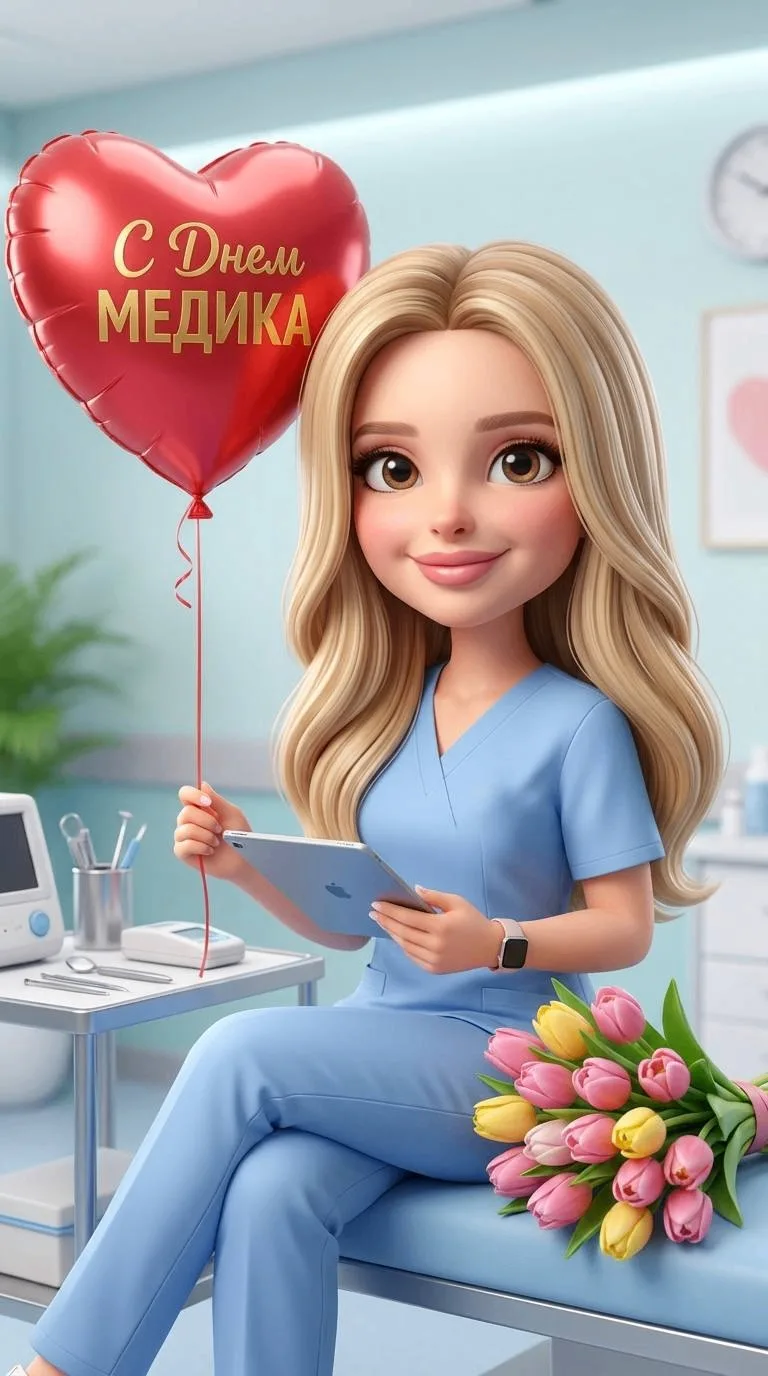 Милая девушка в stylized realistic 3D caricature стиле с крупной головой и доброй улыбкой сидит в св