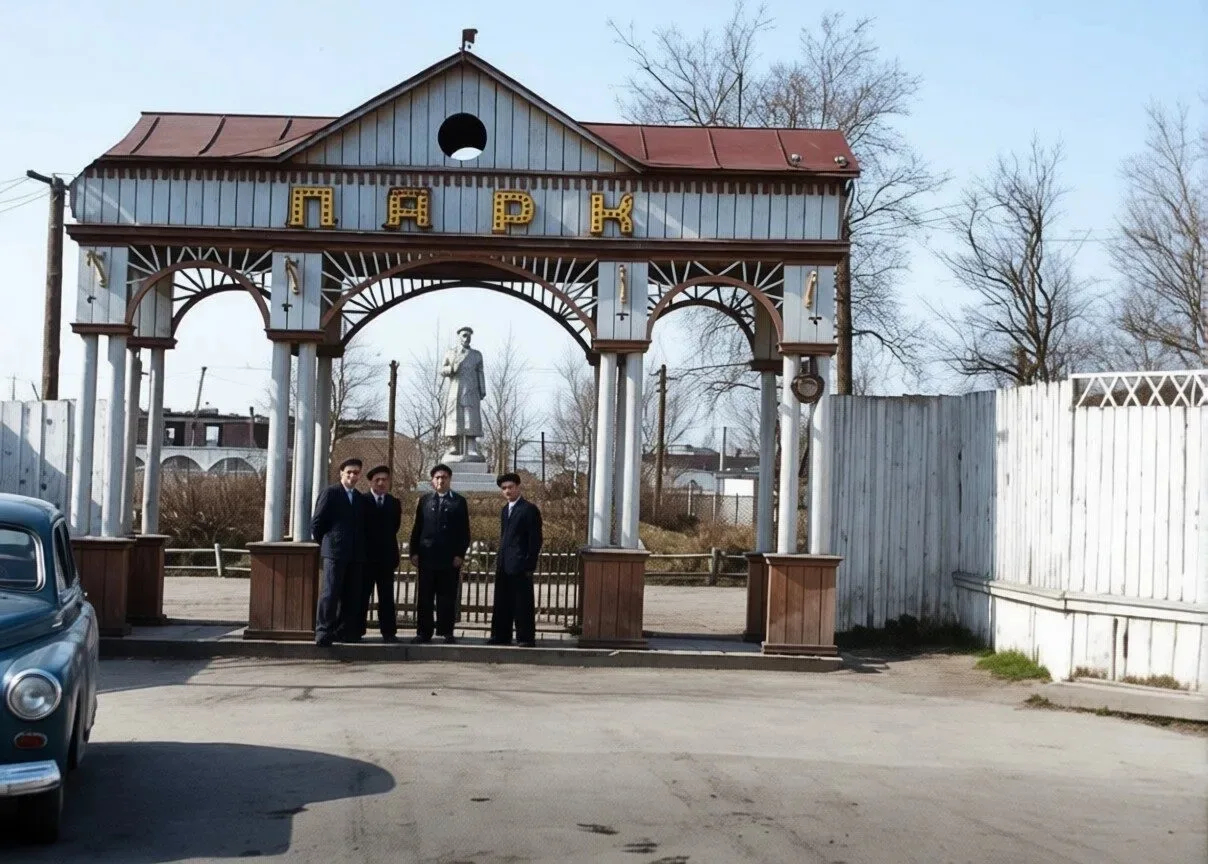 Южно-Сахалинск. Вход в парк Дома Офицеров Советской армии. Вид с улицы Сталина. 1950 г....