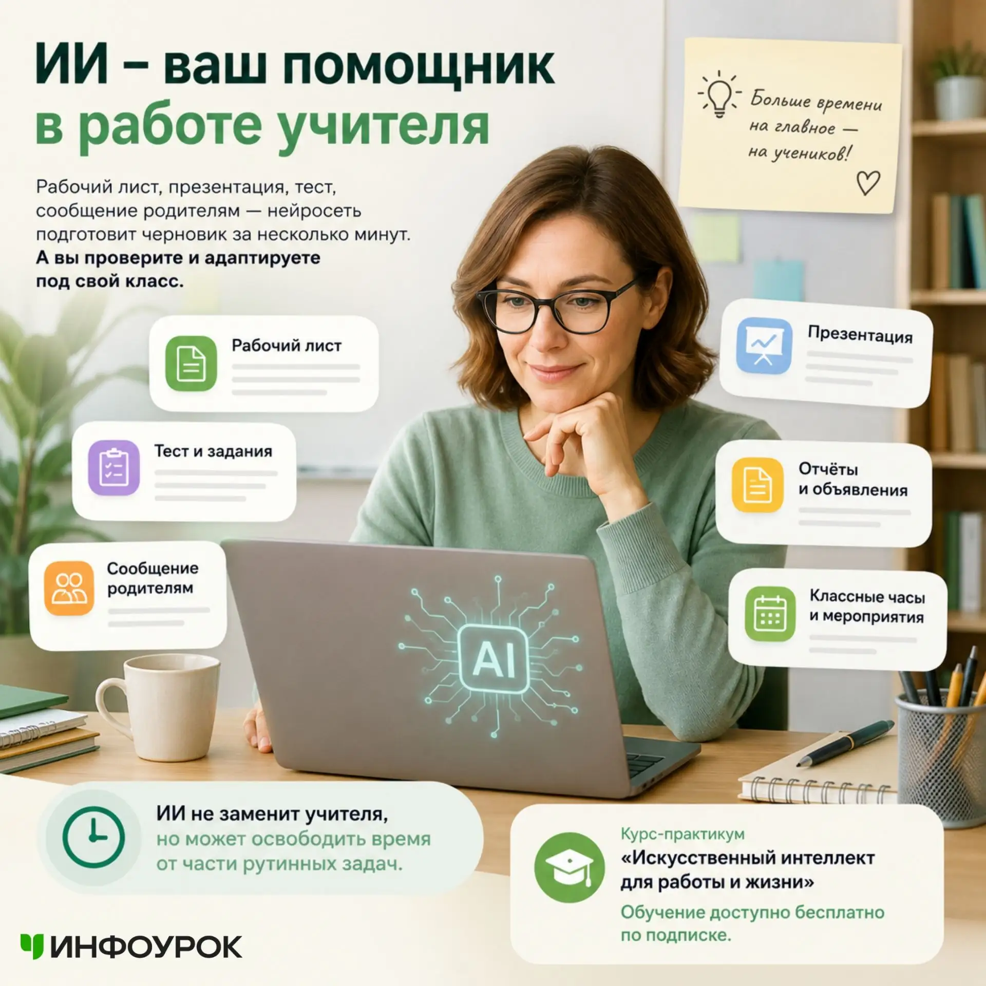 🤖Рабочий лист, презентация, тест, сообщение родителям — нейросеть может подготовить черновик за нес