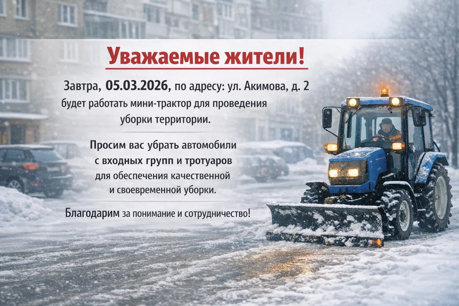 Уважаемые жители!  Завтра, 05.03.2026, по адресу: ул. Акимова, д. 2 будет работать мини-трактор для 