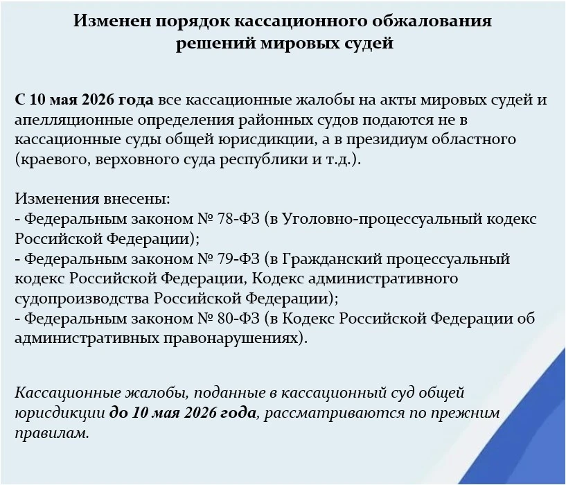 Изменен порядок кассационного обжалования решений мировых судей