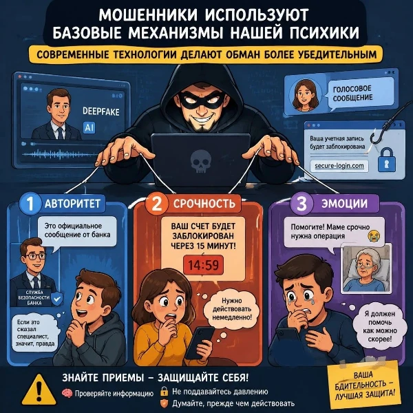 Как мошенники играют на наших чувствах 🤖

На инфографике наглядно показаны три главных рычага, кото