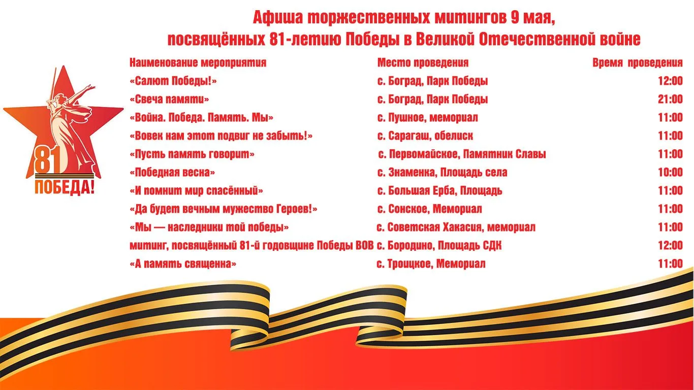 Афиша торжественных митингов 9 мая, посвящённых 81-летию Победы в Великой Отечественной...