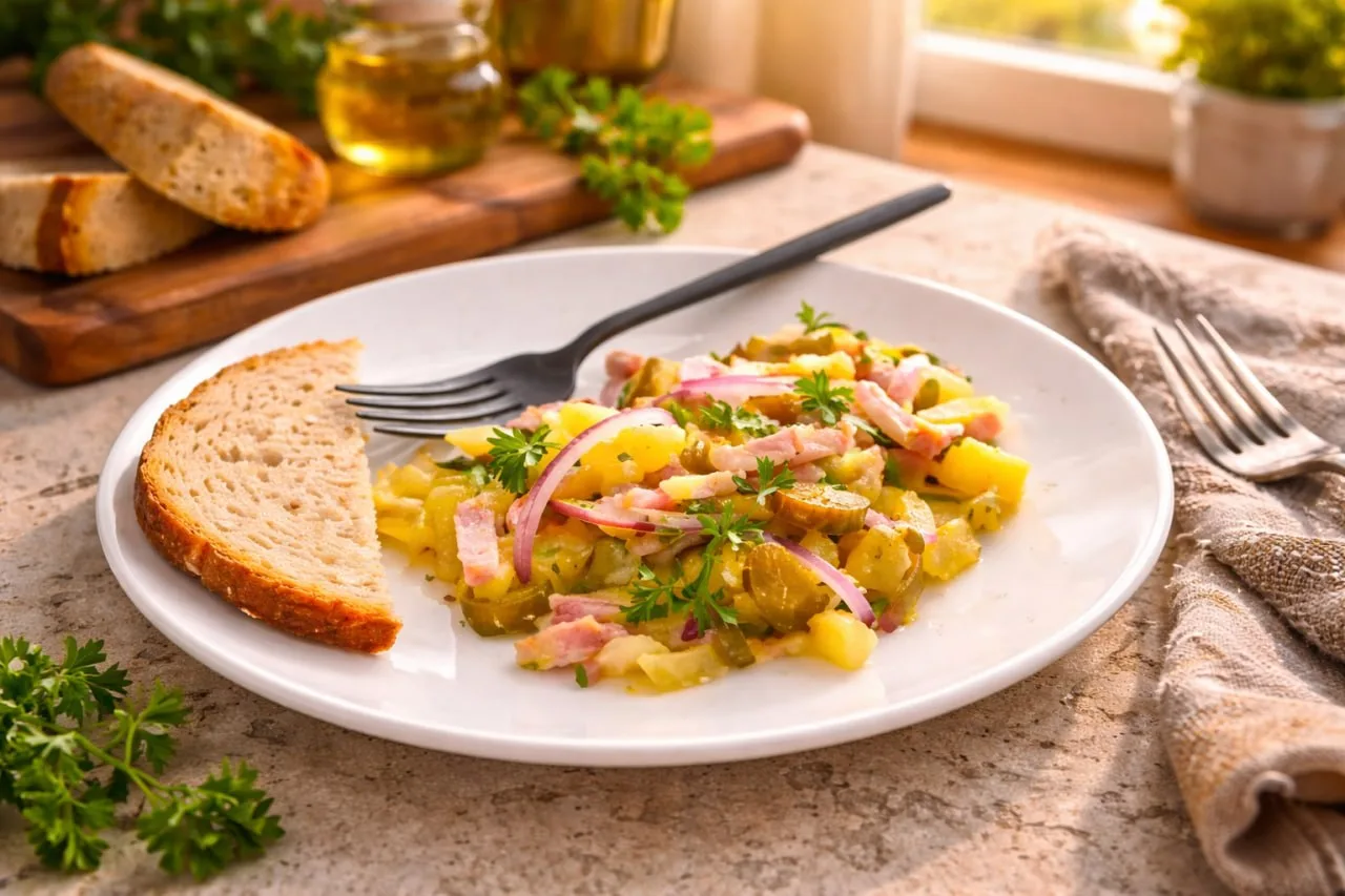 САЛАТ С СОЛЁНЫМИ ОГУРЦАМИ И КОЛБАСОЙ
