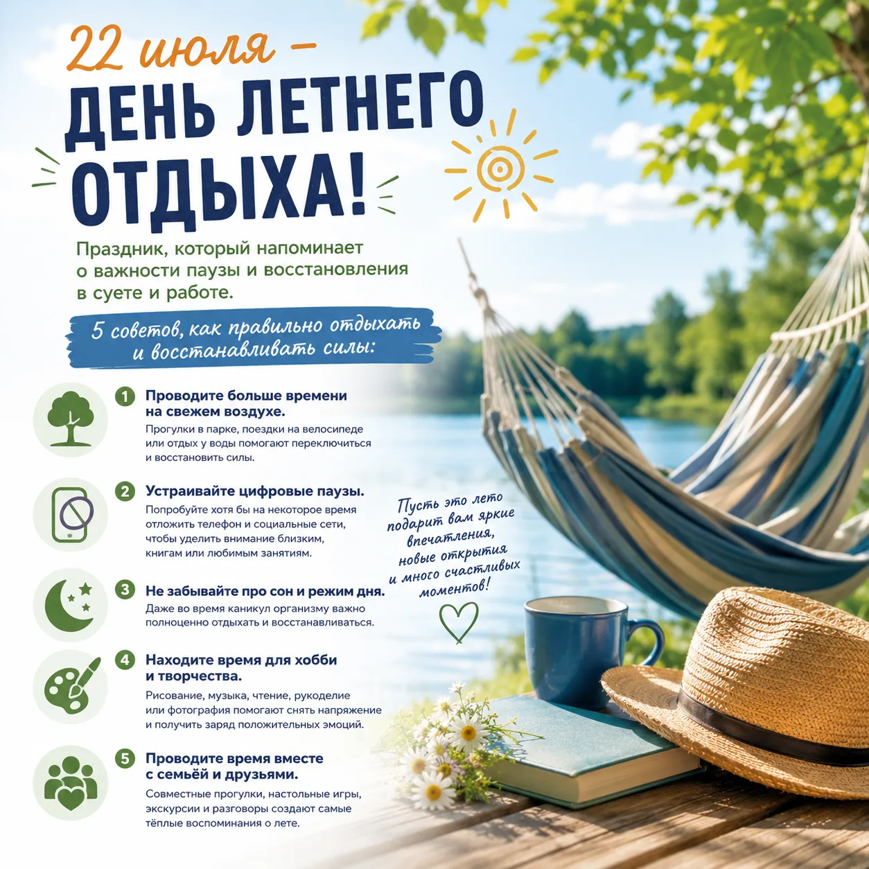 ☀️22 июля — День летнего отдыха!

🌿 Лето создано не только для дел, поездок и новых впечатлений, но