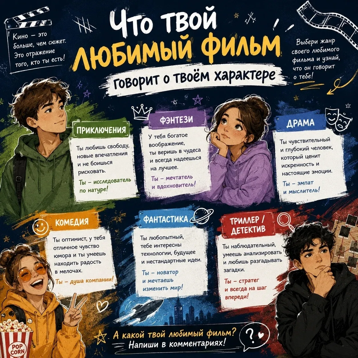 🤔 Почему одним людям нравятся комедии, а другим – детективы?

Предпочтение определённого киножанра 