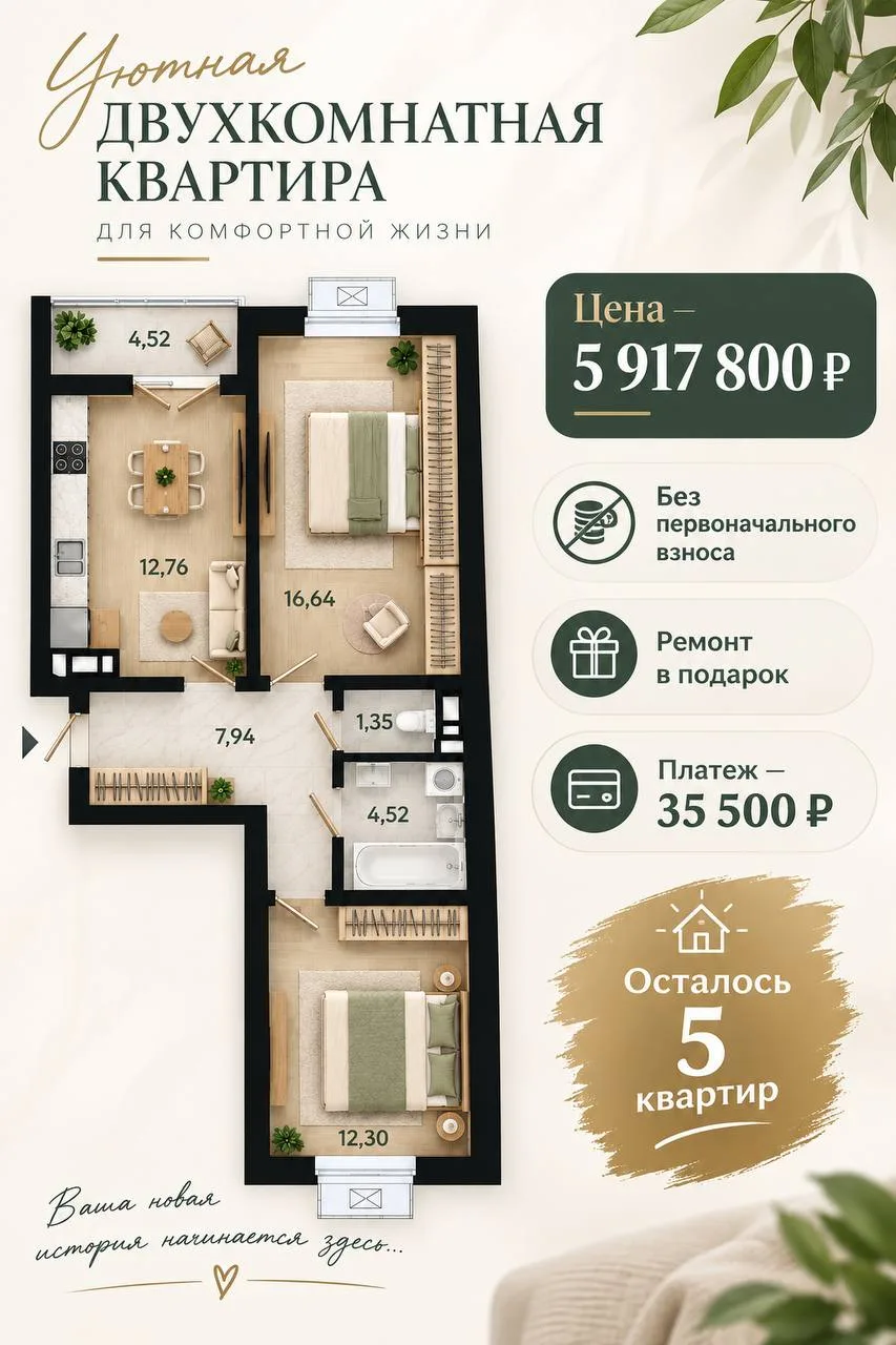 Уютная 2-комнатная квартира для комфортной жизни в Майкопе 🏡Стоимость — 5 917 800 ₽,