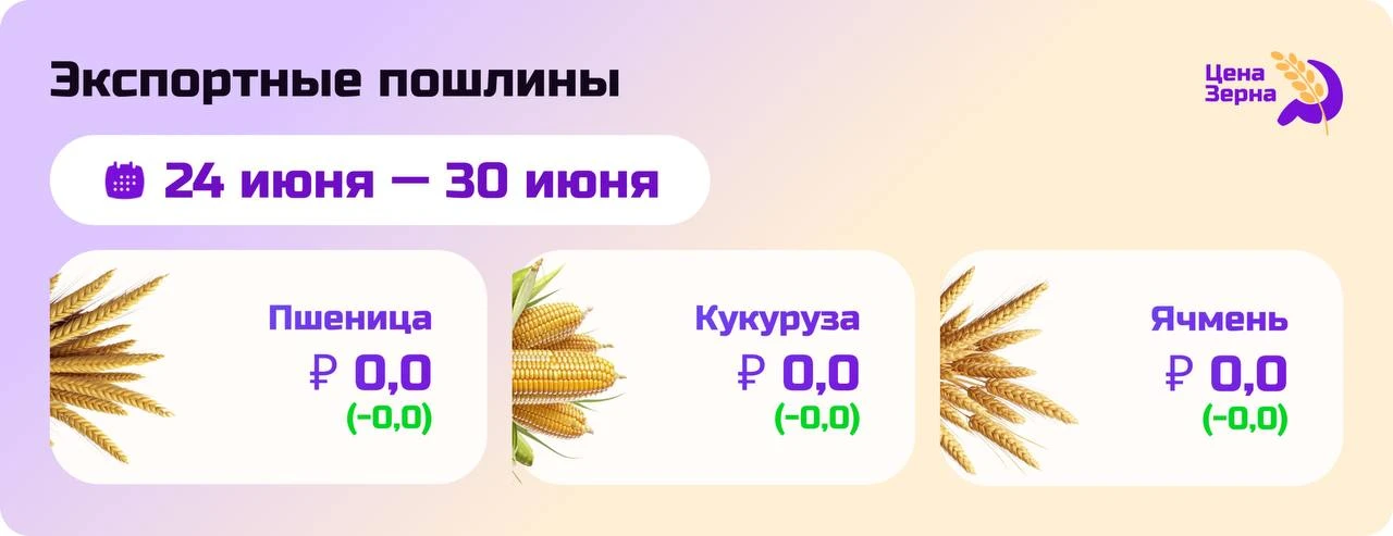 💲💲💲💲💲
#АгроПошлина 

Расчетные пошлины на зерновые с 24 по 30 июня🇷🇺

Пошлины на все зерновые