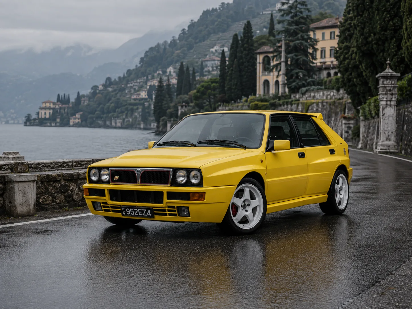 Lancia Delta HF Integrale Evoluzione II в Giallo Ginestra. AI-концепт на мокрой прибреж...