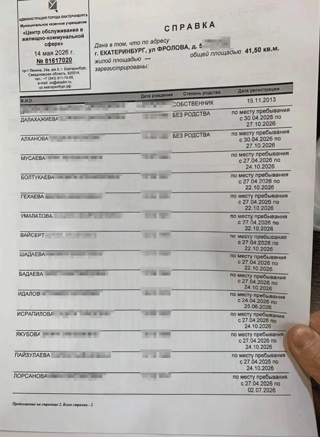⚡️57 человек прописались в двухкомнатной  квартире в Екатеринбурге без ведома хозяйки. 

О своих «кв