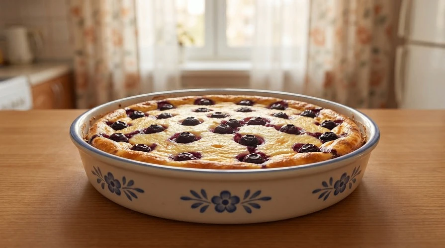 Пирог из пачки творога — Нежный, влажный пирог с творогом и ягодами. ~300 руб. ~КБЖУ на весь пирог (