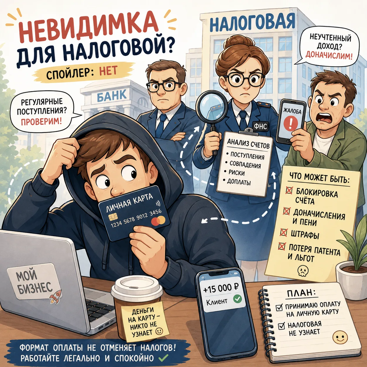 ❌ Миф. «Если клиент платит на карту — налоговая не узнает»

Один из самых живучих мифов среди предпр