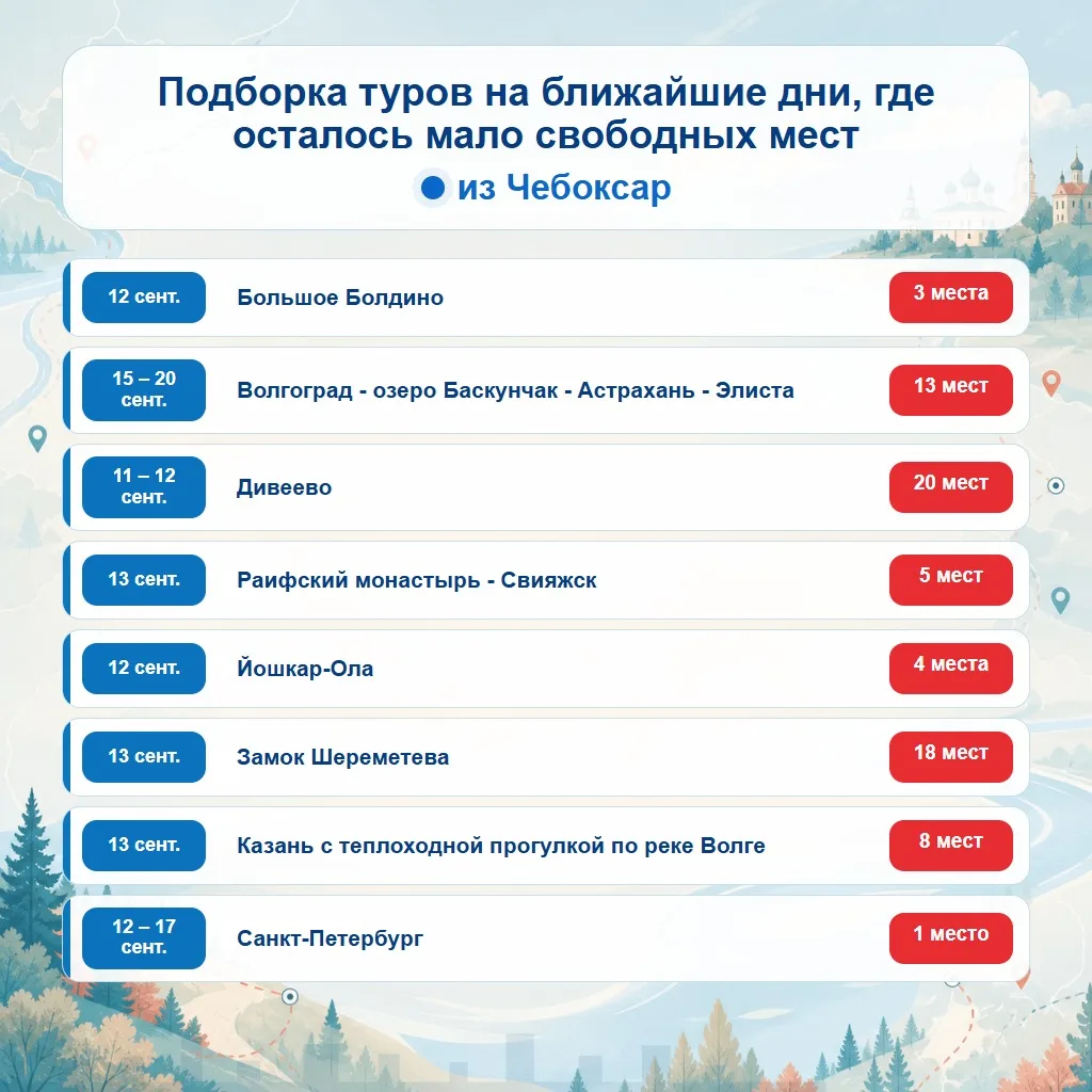 🔥 Подборка туров на ближайшие дни из Чебоксар, где осталось мало свободных мест
