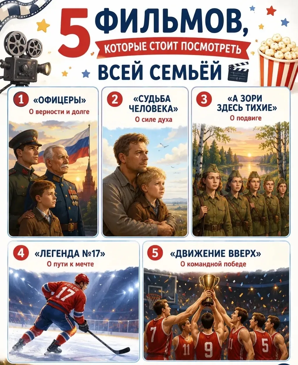 5 фильмов, которые стоит посмотреть всей семьёй

🎬 1. «Офицеры» — о верности и долге 2. «Судьба чел