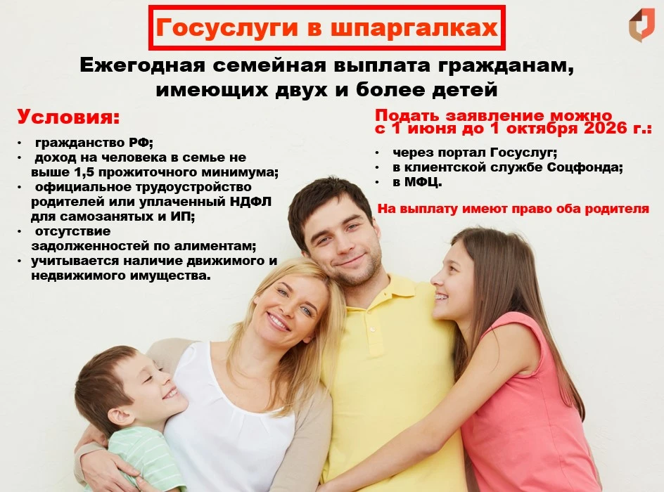 Госуслуги в шпаргалках: Семейная поддержка для родителей двоих и более детей 👨‍👩‍👧‍👦