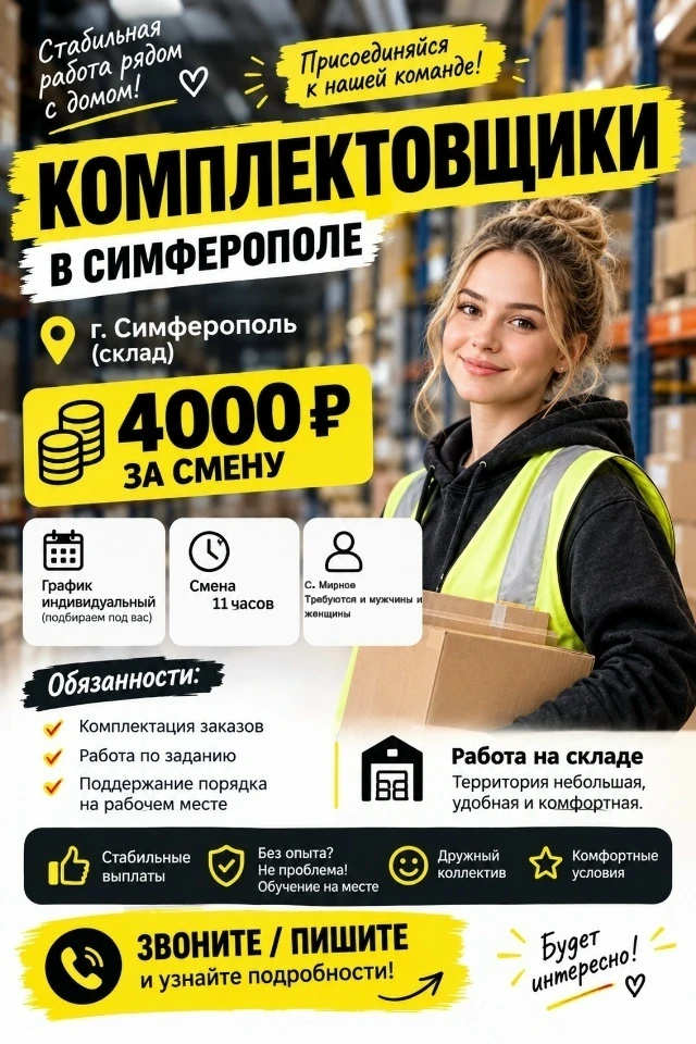 📦 КОМПЛЕКТОВЩИКИ НА СКЛАД — СИМФЕРОПОЛЬ, С. Мирное, ЕЖЕНЕДЕЛЬНЫЕ ВЫПЛАТЫ 🔥