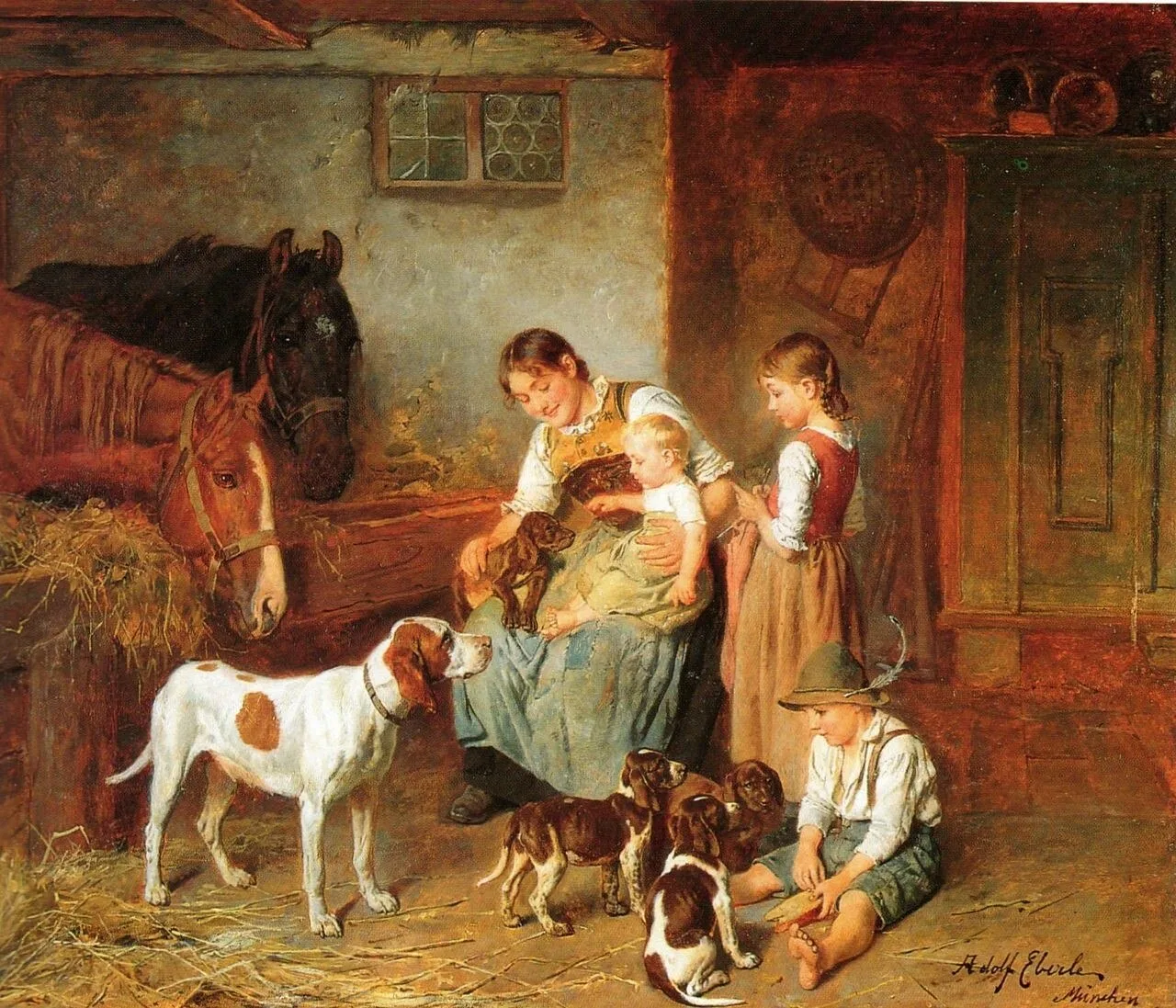 Семейное счастье в интерьере сарая. Adolf Eberle (1843-1914), немецкий художник. 
#щенки