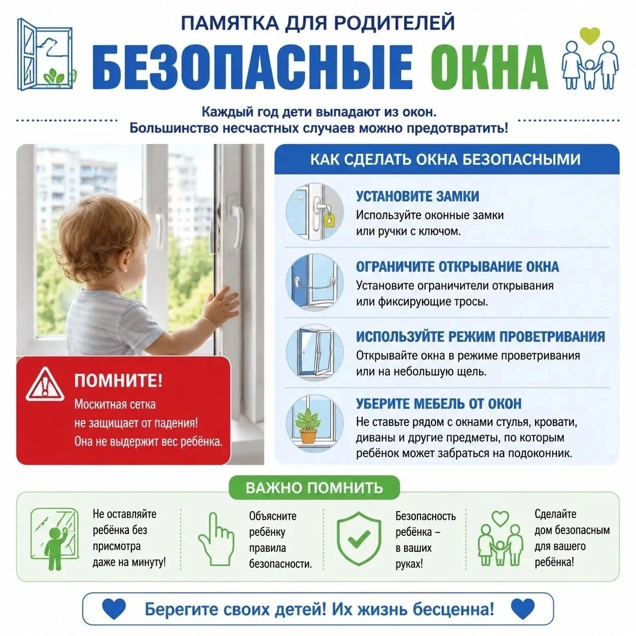 🪟 Осторожно с окнами — это важно!
✅ Если дома открыто окно, не подходи к нему близко и не лезь на п