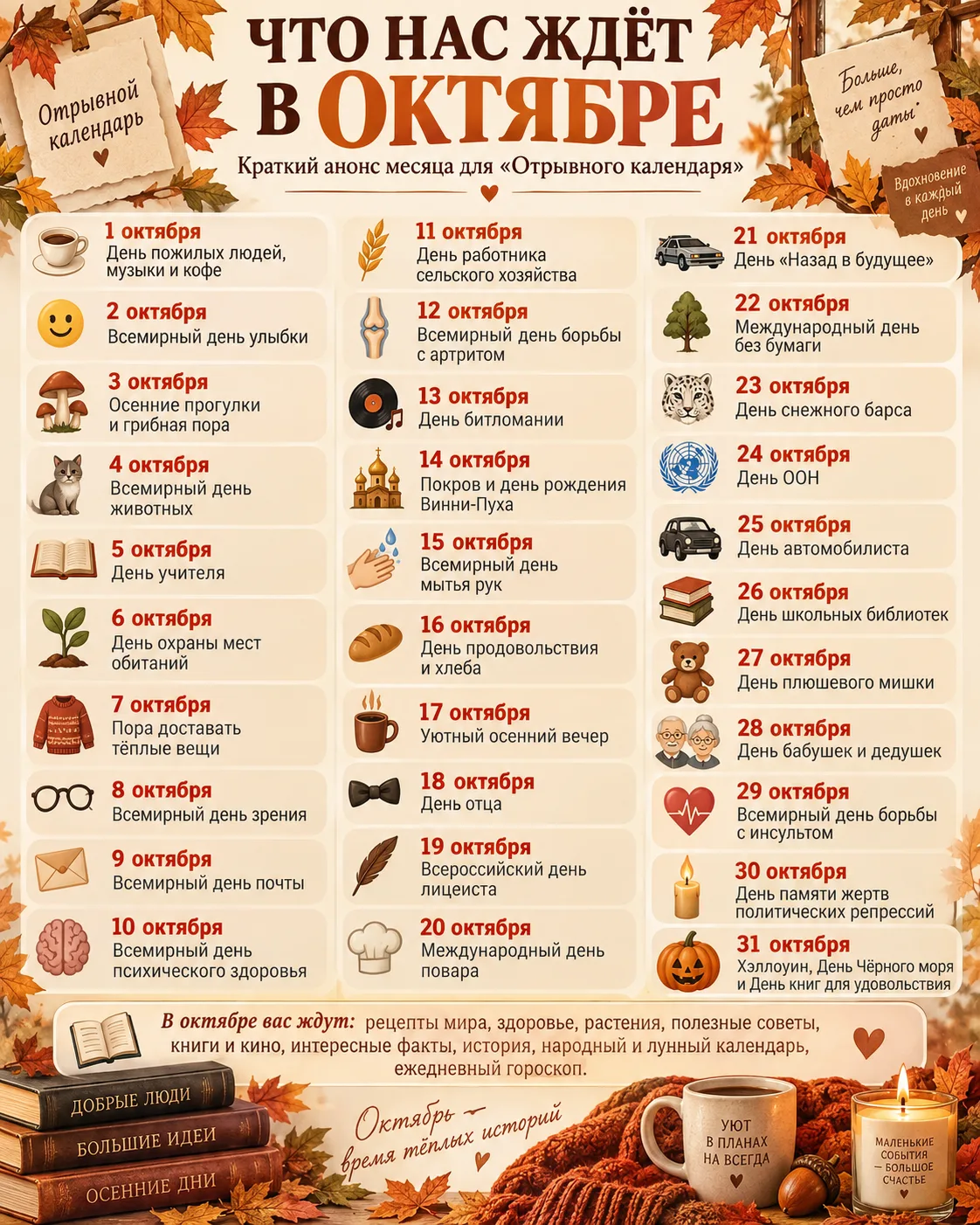 🍂 Что нас ждёт в октябре? Заглядываем в календарь на месяц вперёд