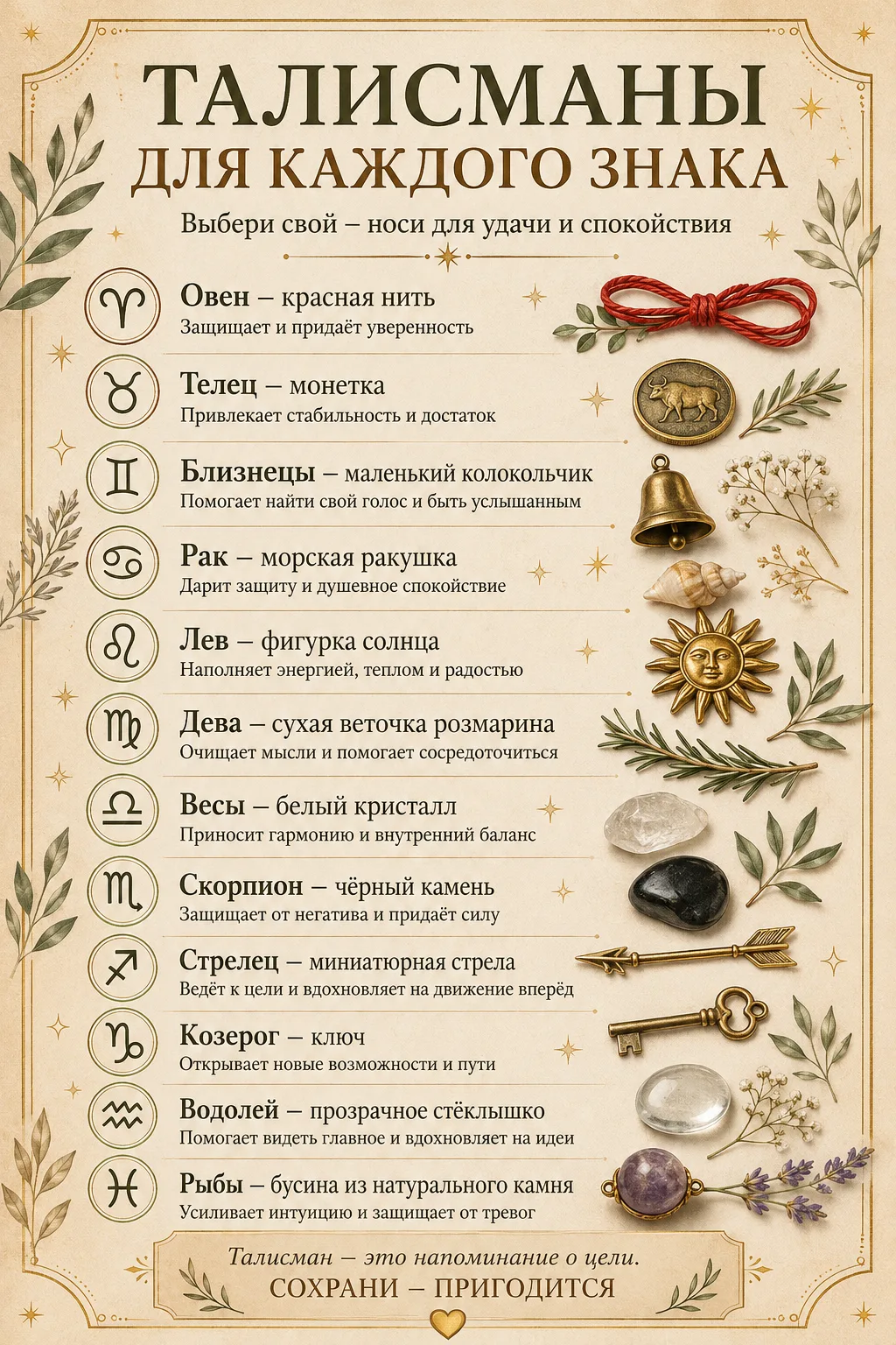 ✨ Талисманы для каждого знака зодиака

С давних времён люди верили, что небольшие символы помогают с