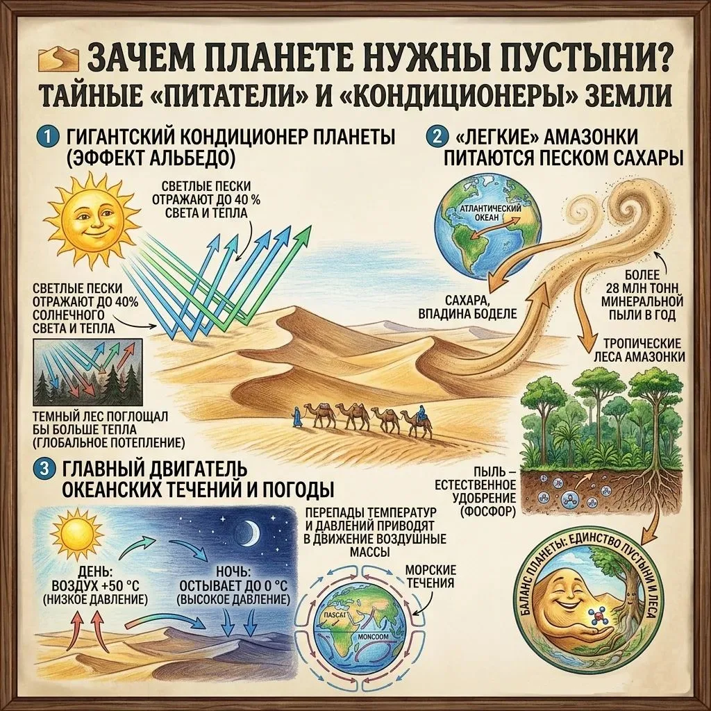 🏜️ ЗАЧЕМ ПЛАНЕТЕ НУЖНЫ ПУСТЫНИ? ТАЙНЫЕ «ПИТАТЕЛИ» И «КОНДИЦИОНЕРЫ» ЗЕМЛИ

При слове «пустыня» мы пр