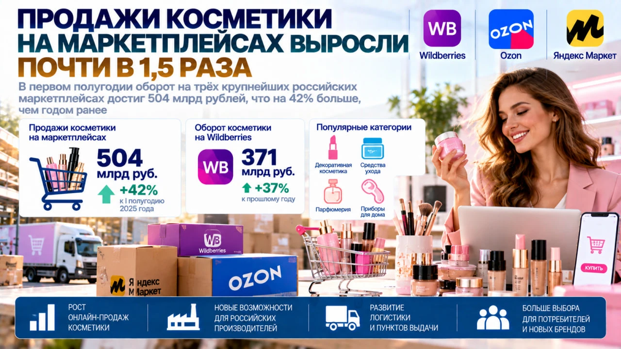 Продажи косметики на трёх крупнейших российских маркетплейсах в первом полугодии выросл...