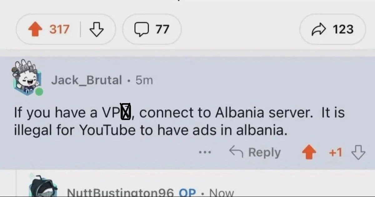 Лайфхак: оказывается, YouTube не показывает рекламу в Албании 🤫

Оказывается, Google официально не 