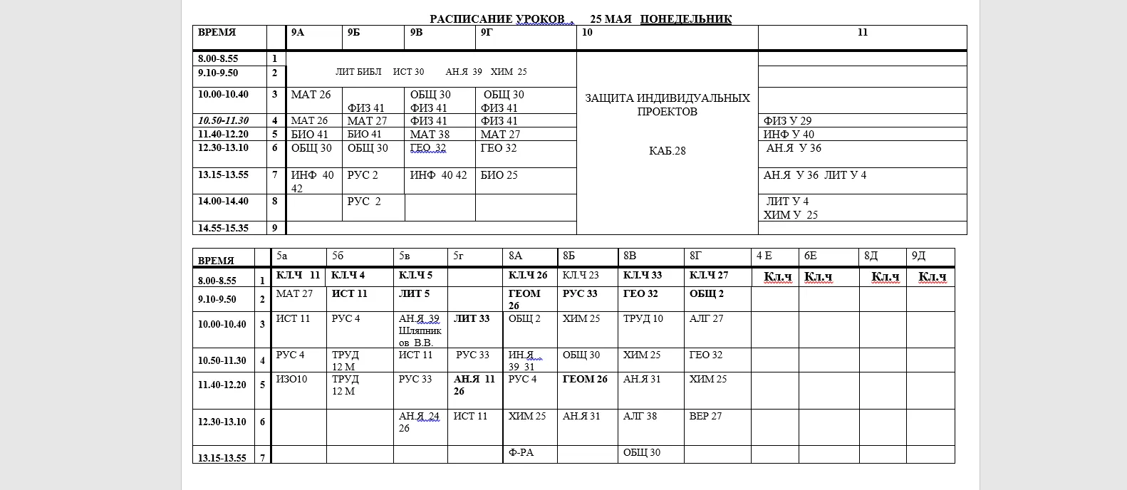 Расписание уроков на понедельник 25.05