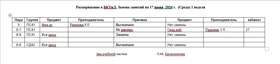 Замены занятий  на 17 июня 2026 года 🌱