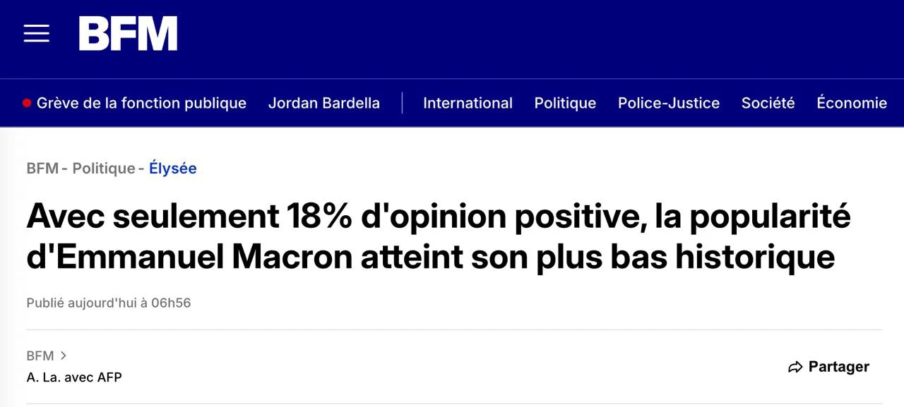 Рейтинг Макрона во Франции достиг исторического минимума - 18%, передает BFMTV результа...