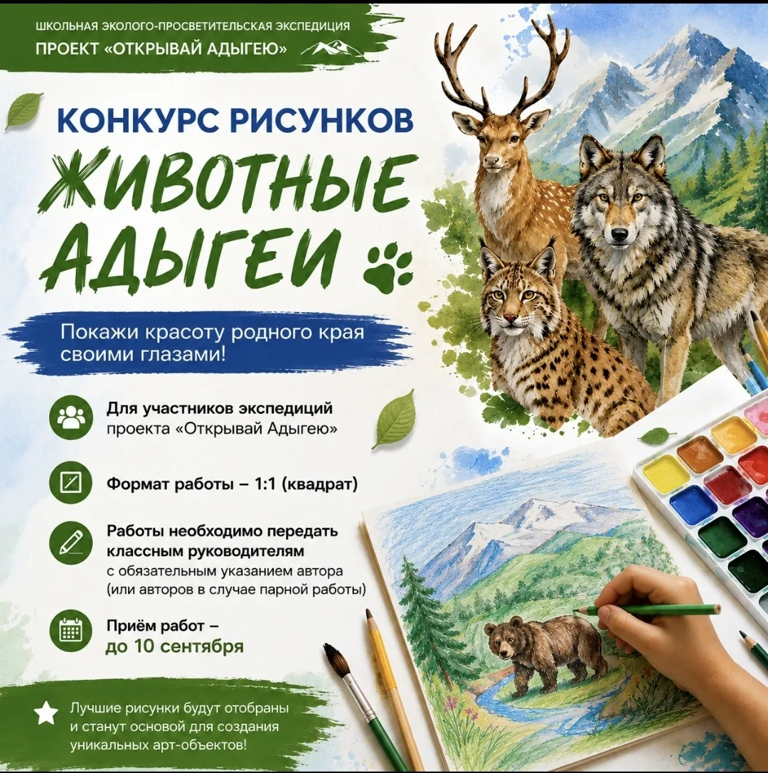 🎨ОТКРЫВАЙ АДЫГЕЮ.КОНКУРС РИСУНКОВ!🎨

Дорогие юные исследователи!

👉🏻В рамках школьной эколого-пр