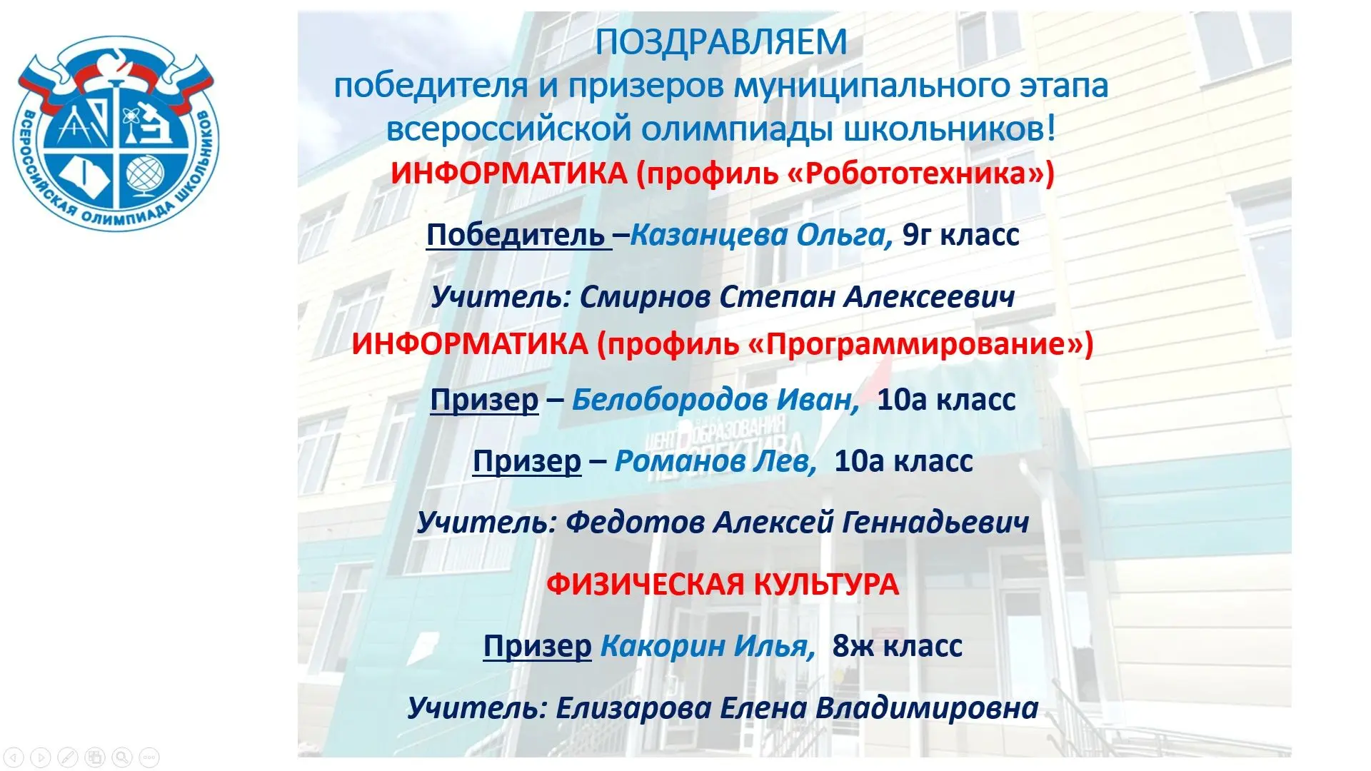 Поздравляем победителя и призеров муниципального этапа всероссийской олимпиады школьников  по информ