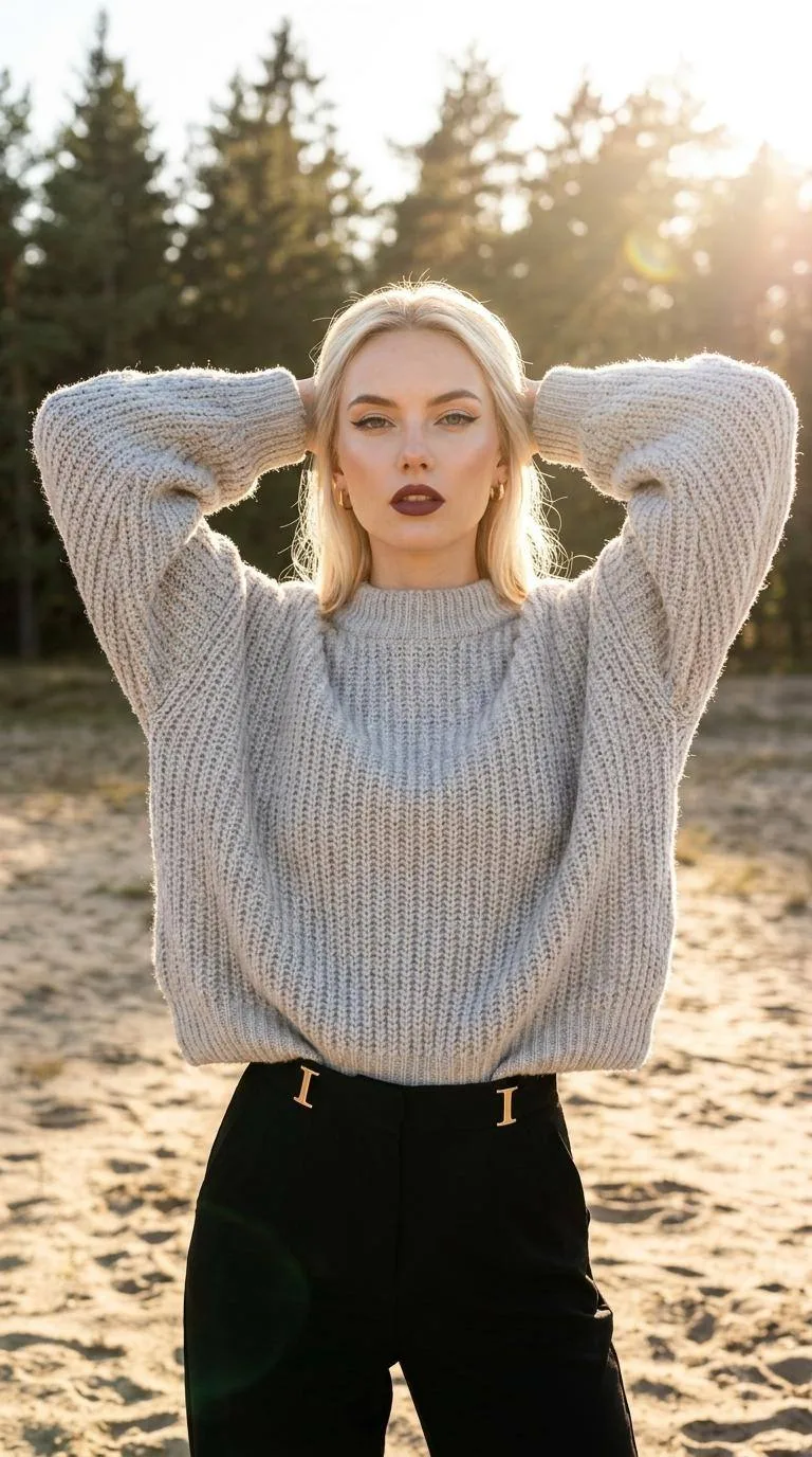 Солнечный шик 😍  фэшн фотография, средний план, девушка в объёмном оверсайз свитере грубой вязки све
