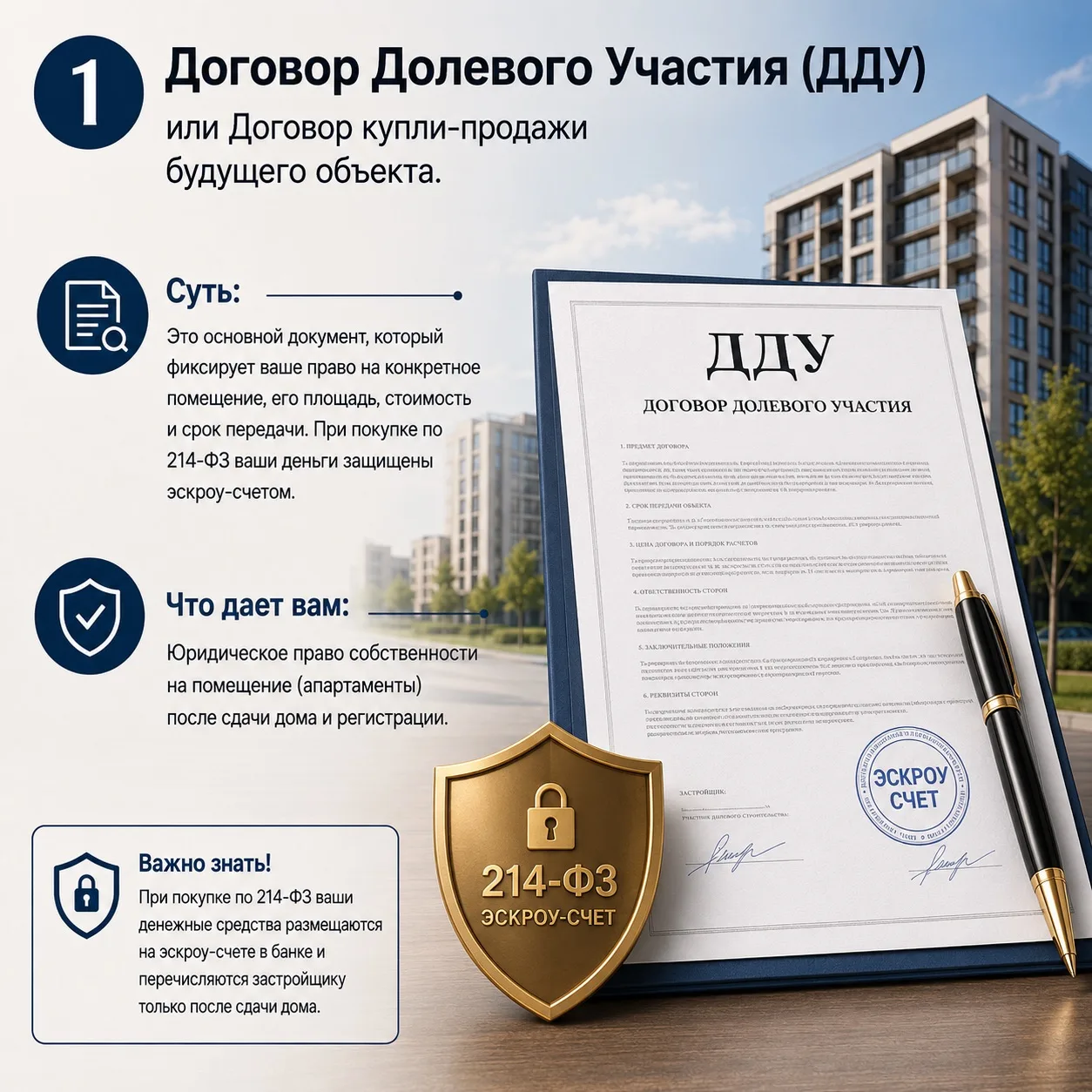 Что входит в пакет и зачем это нужно? 

1️⃣Договор Долевого Участия (ДДУ) или Договор купли-продажи 