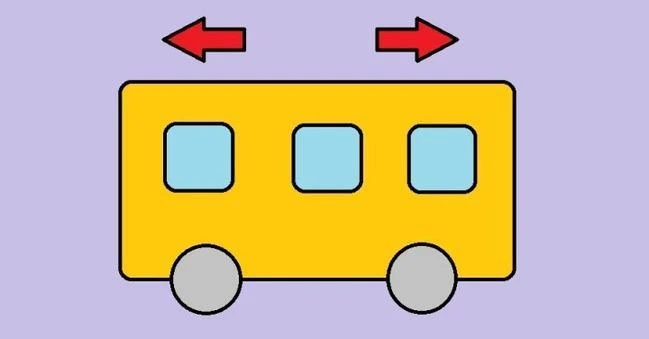 Вопрос: в какую сторону едет автобус? 

Ответ: автобус едет влево, потому что на картинке не видно д