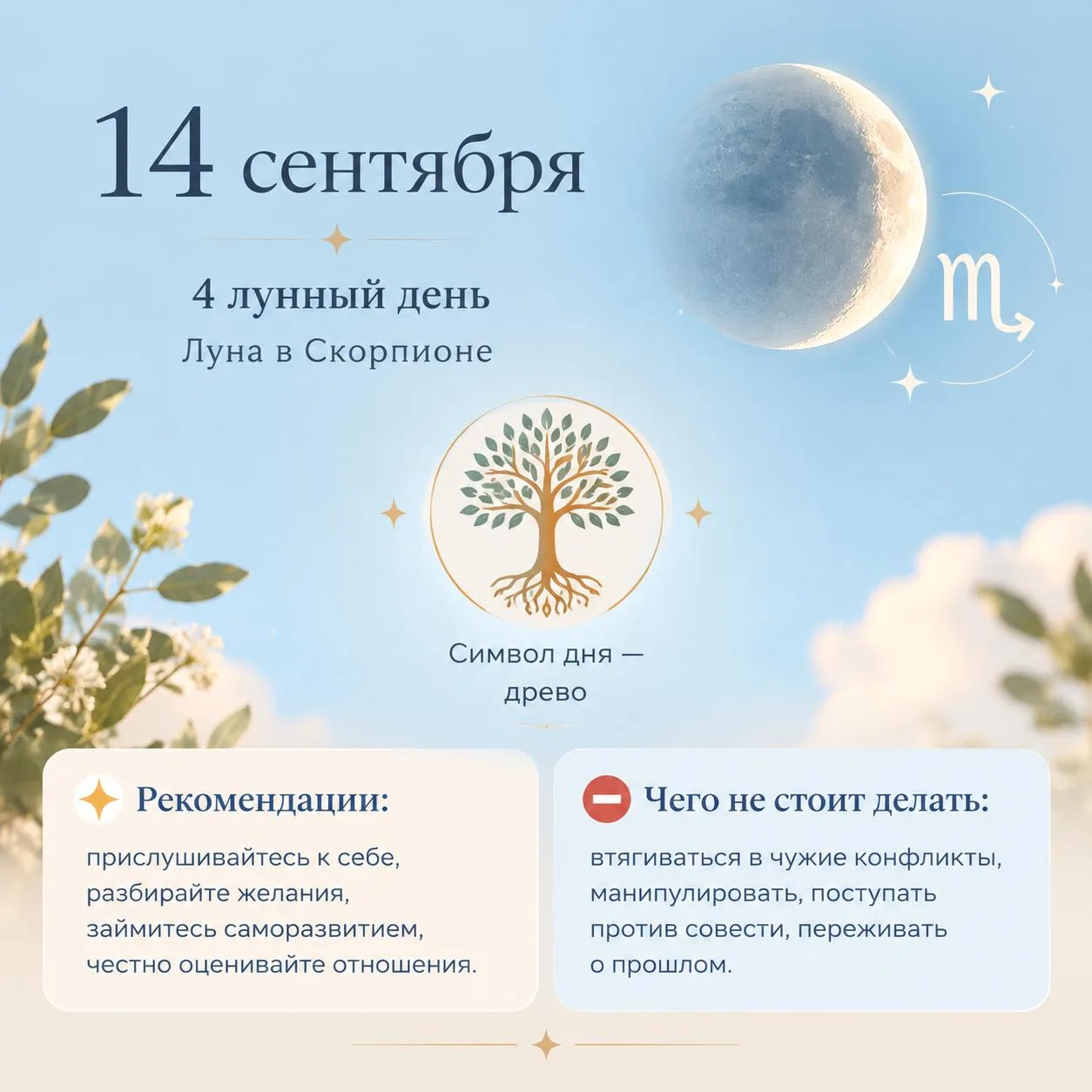 🌗 14 сентября • 4 лунный день • Луна в Скорпионе • Растущая Луна
