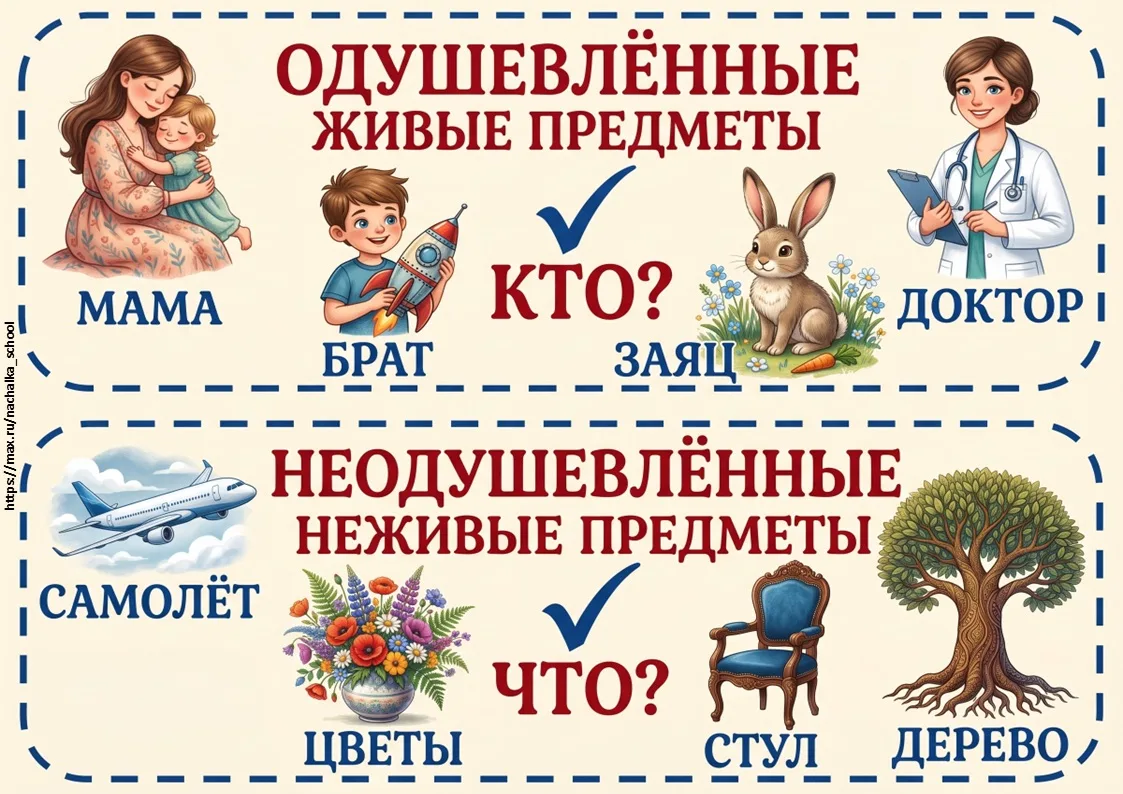 Наглядность: Одушевлённые и неодушевленные имена существительные.