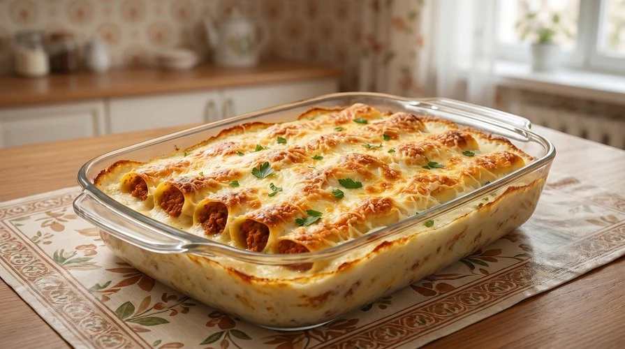 Каннеллони в духовке — Сытные итальянские макароны-трубочки с мясным соусом под сырной корочкой. ~75