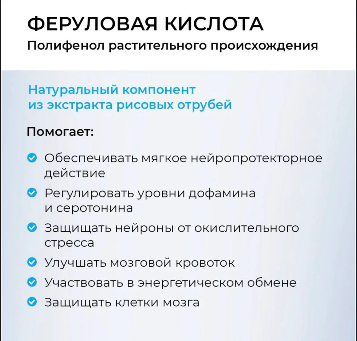 Следующий компонент в составе BRAIN ACTIVE — феруловая кислота.

❓Что такое феруловая кислота
Феруло