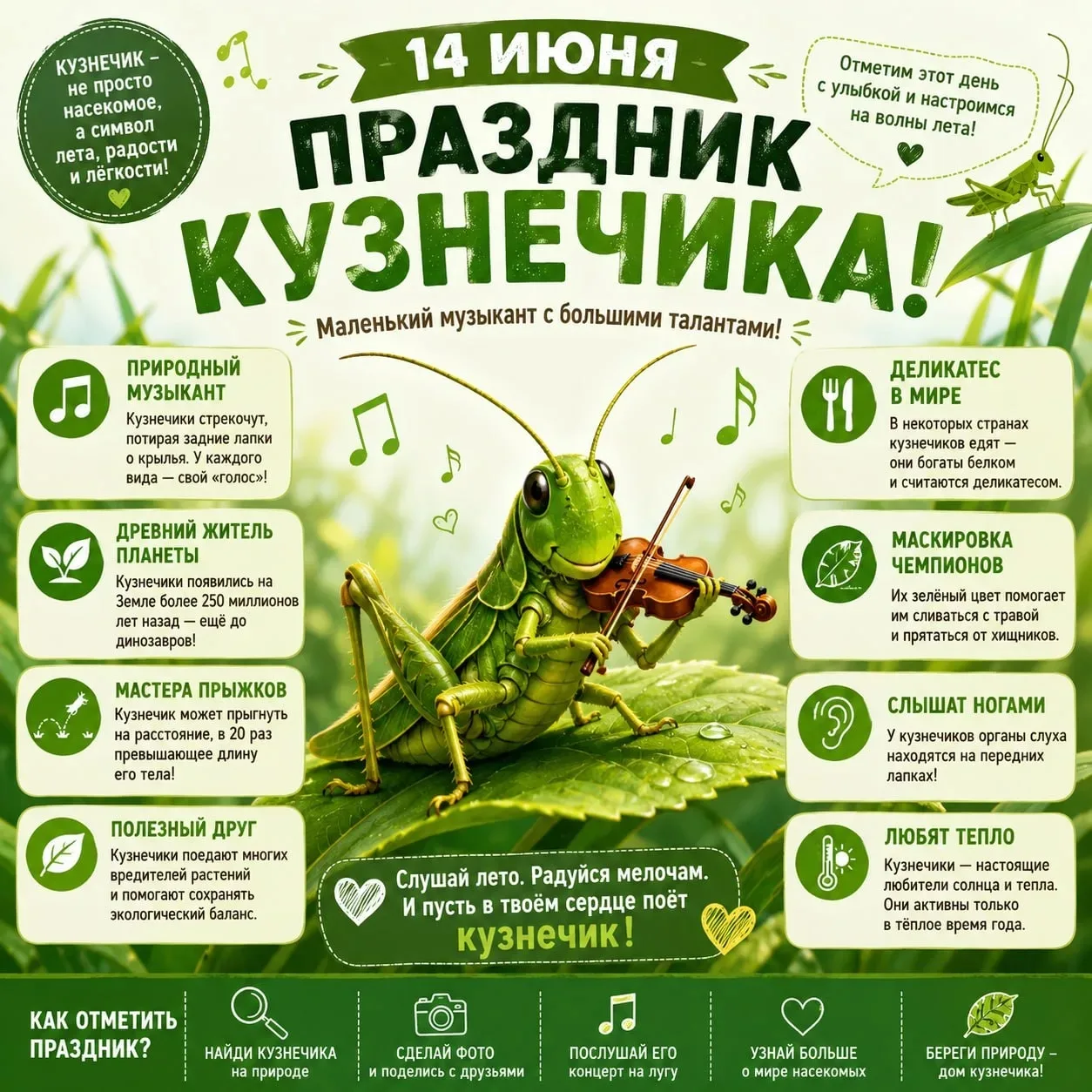 🌿 Прыг-скок! 14 июня – День кузнечика! 🦗

А вы знали, что:
🎵 Кузнечики «поют» не голосом, а… крыл