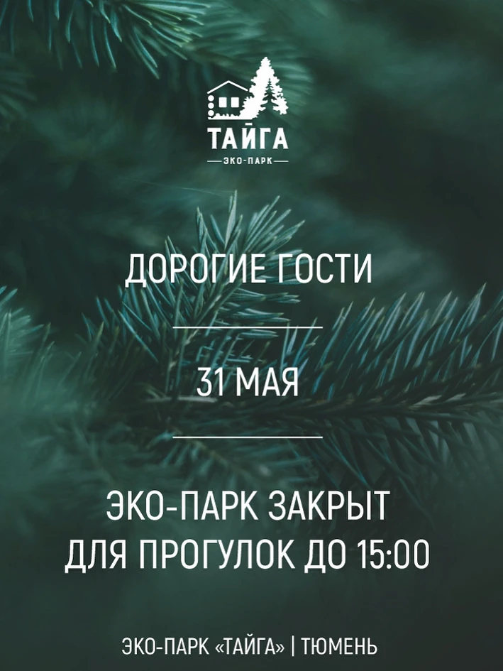 Дорогие гости 💚

31 мая до 15:00 эко-парк закрыт для прогулок.
График посещения спа-комплекса, ПОЛЯ