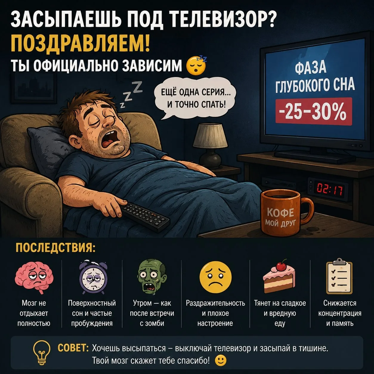 😵‍💫Привычка засыпать под телевизор вызывает зависимость и сокращает фазу глубокого сн...