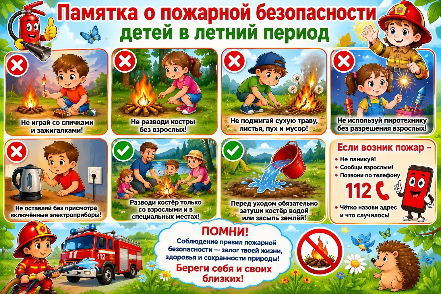 📢 Уважаемые жители!

В летний период особенно важно напомнить детям о правилах пожарной безопасност