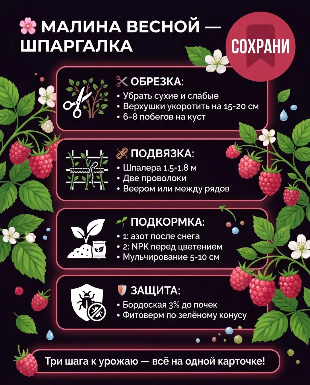 Малина — весенний уход, подвязка, подкормка 🌸  3 шага для обильного урожая!  ✂️ ОБРЕЗКА: Убрать все 