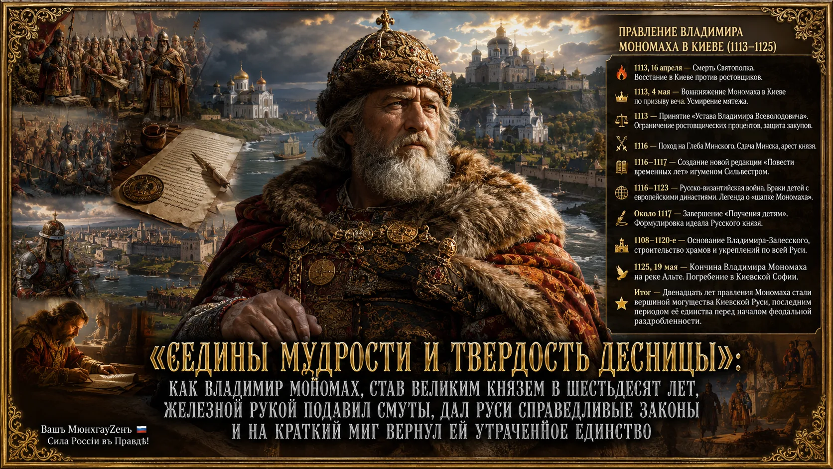 Уже будучи великим князем, на склоне лет, Мономах завершил своё знаменитое «Поучение». Это уникальны