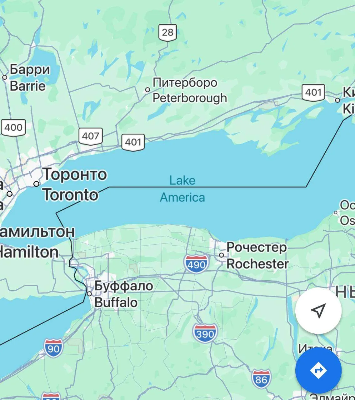 Сервис Google Maps вслед за Трампом переименовал озеро Онтарио в озеро Америка.