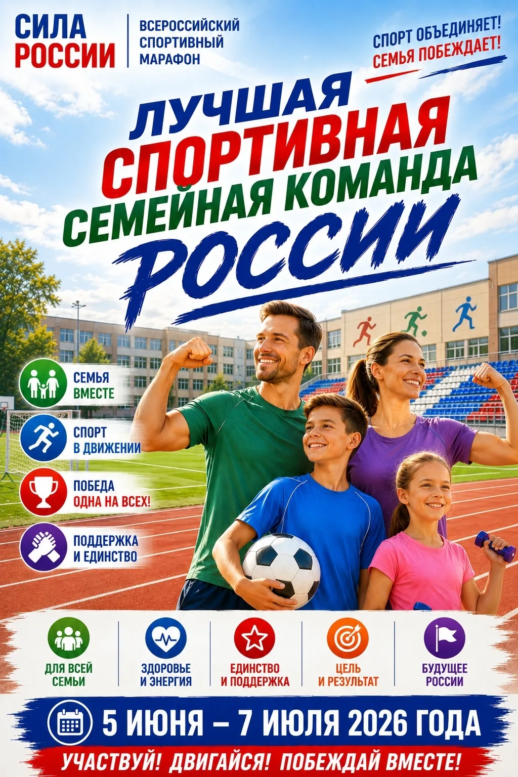 👪 Стартовало соревнование «Лучшая спортивная семейная команда России»!

С 5 июня по 7 июля 2026 год