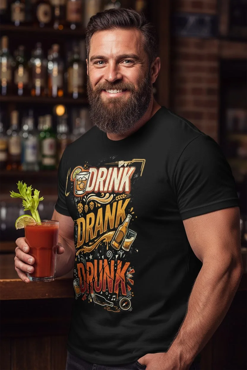 Принт drink drank drunk на футболке.